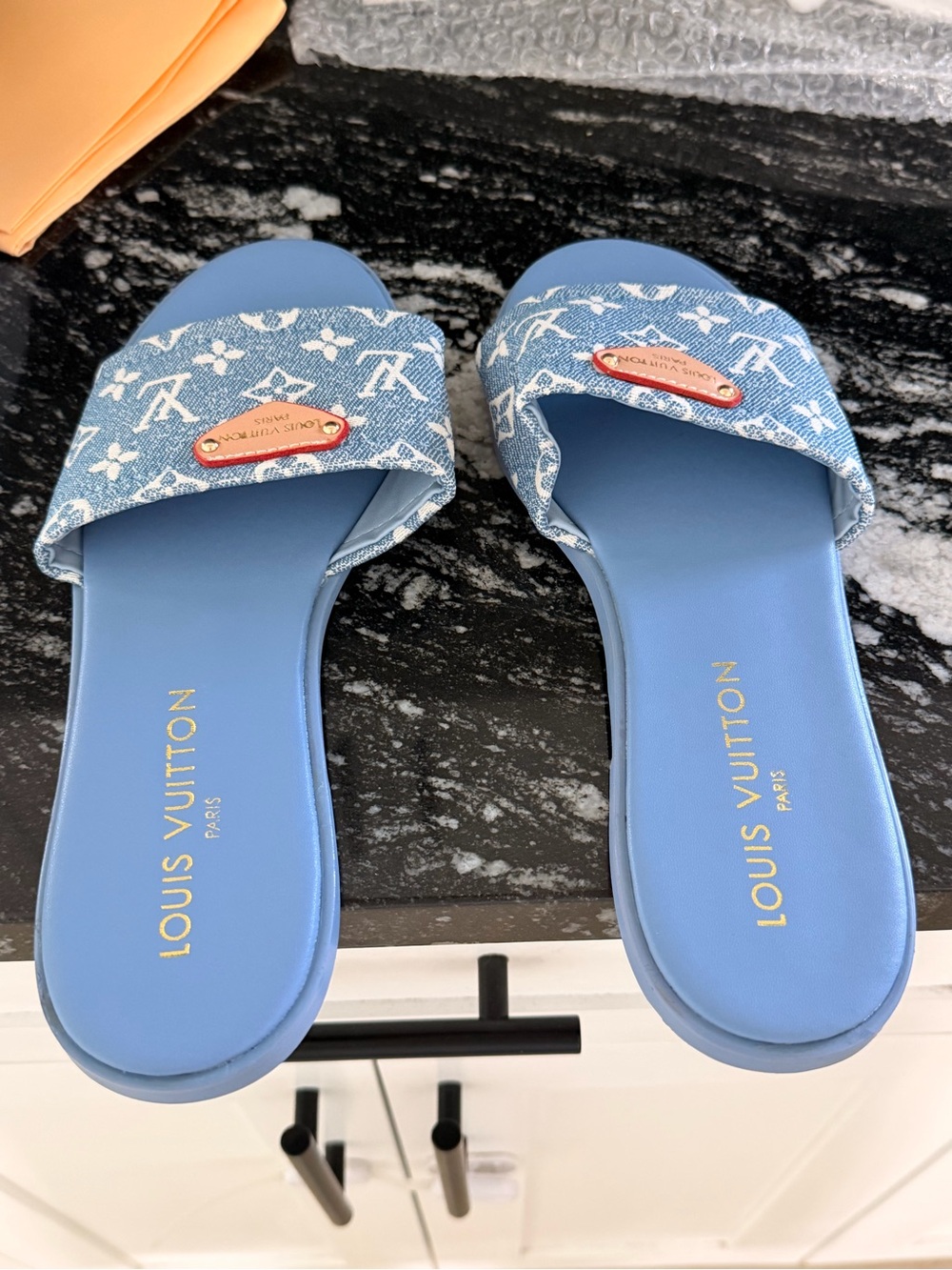 Louis Vuitton Denim Monogram Slide Sandals in Blue with Gold Plaque - Picture 5 of 5